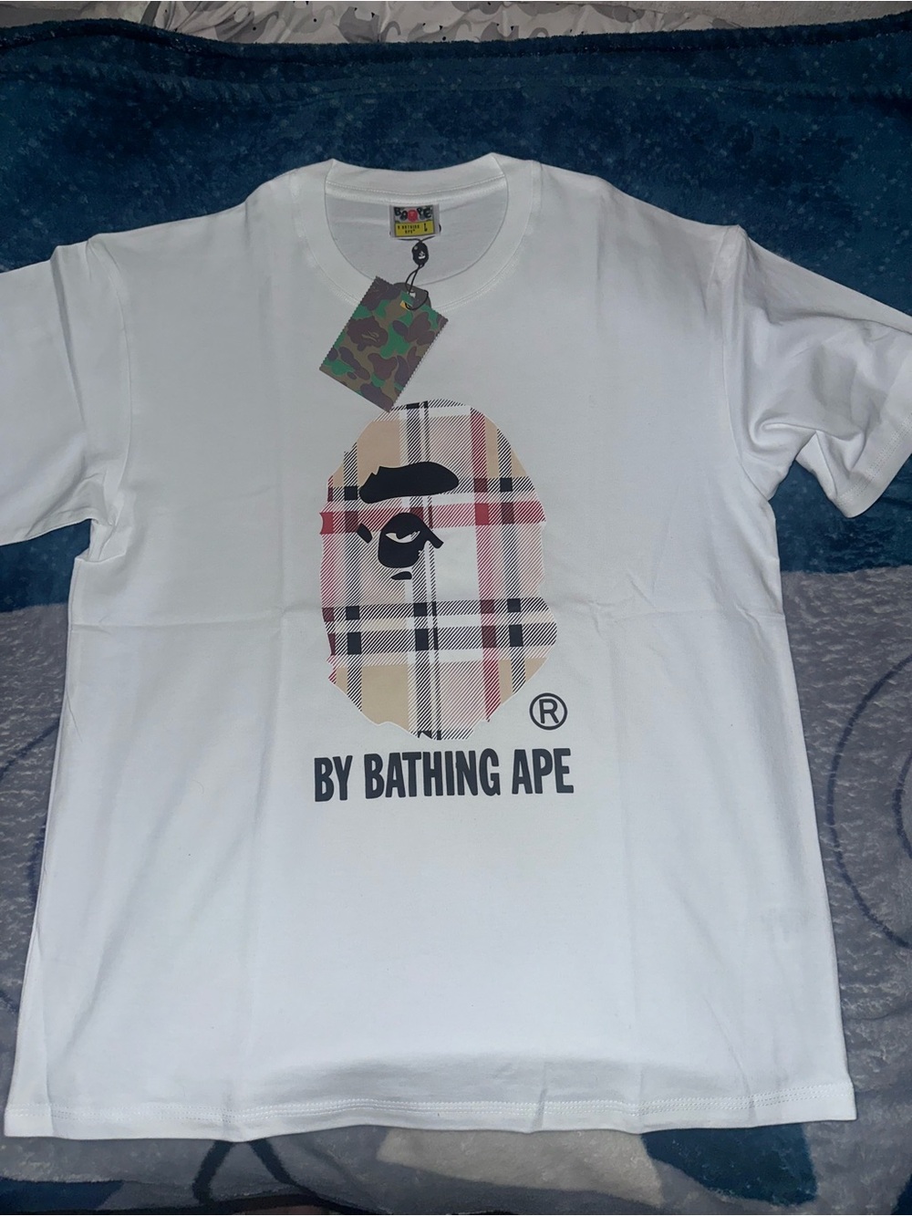 Bape White Tee with Beige & Pink Plaid Ape Head